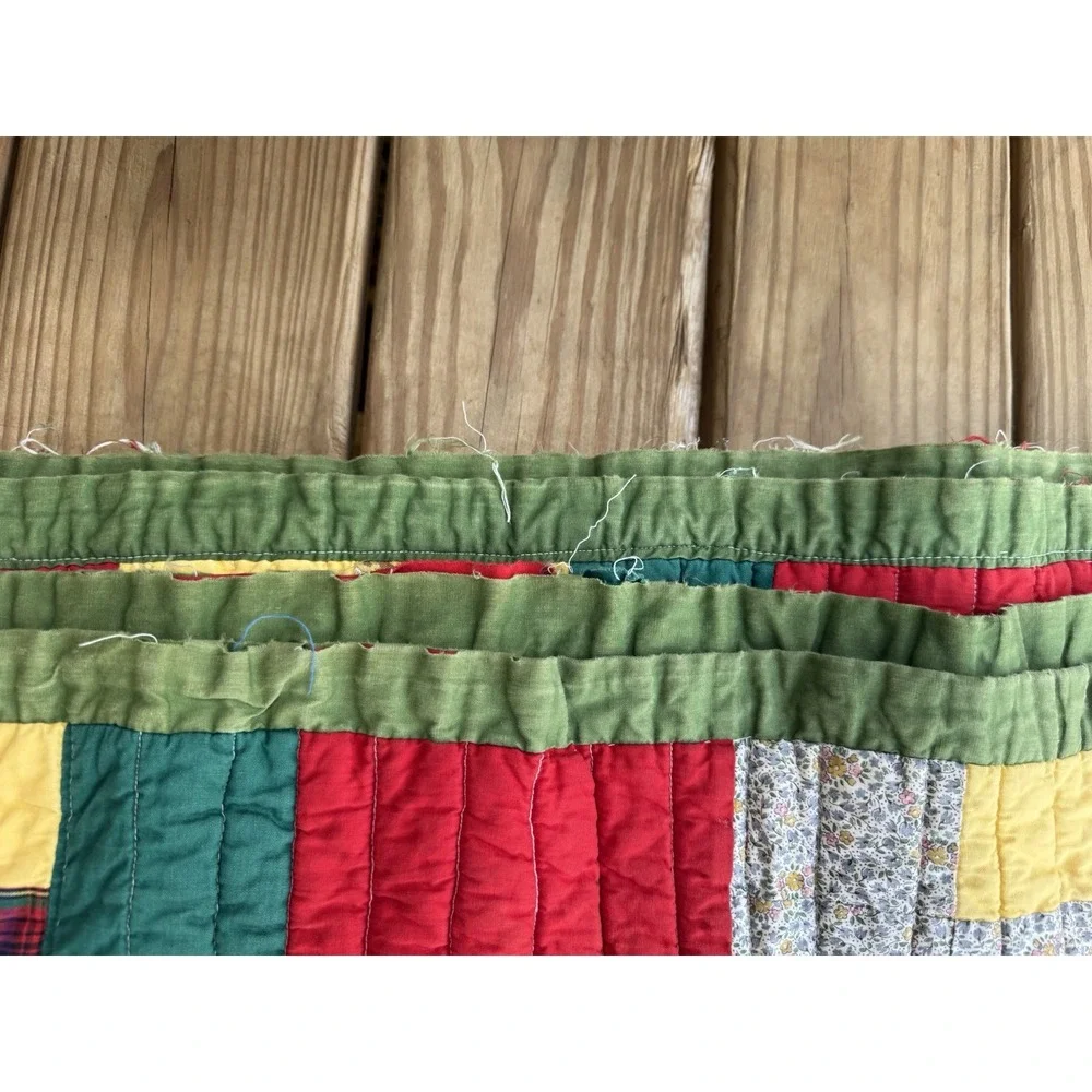 Vintage Handmade Patchwork Yellow Brick Road Pattern Quilt 77x68 Red Green